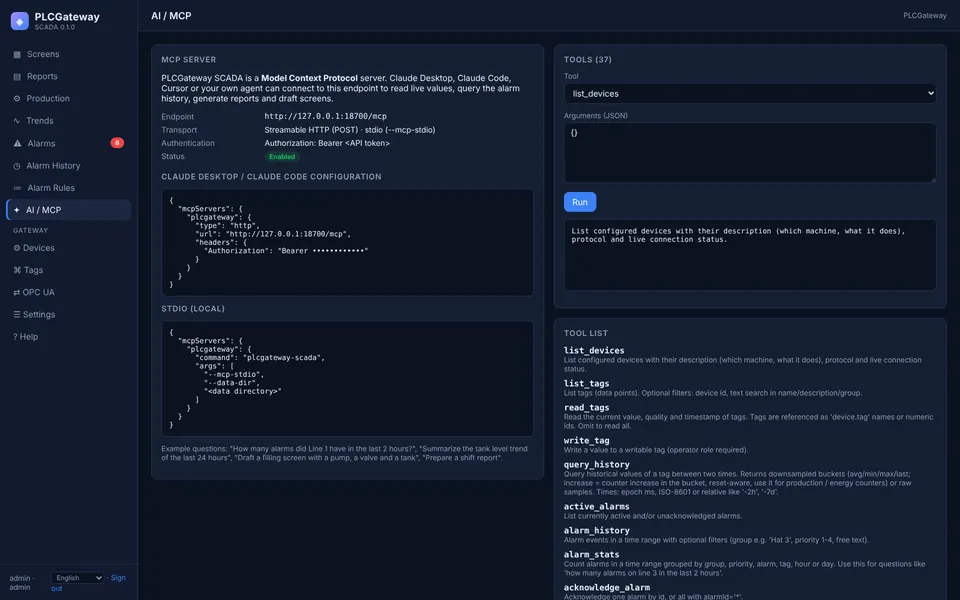 AI / MCP page with the connection details for AI assistants