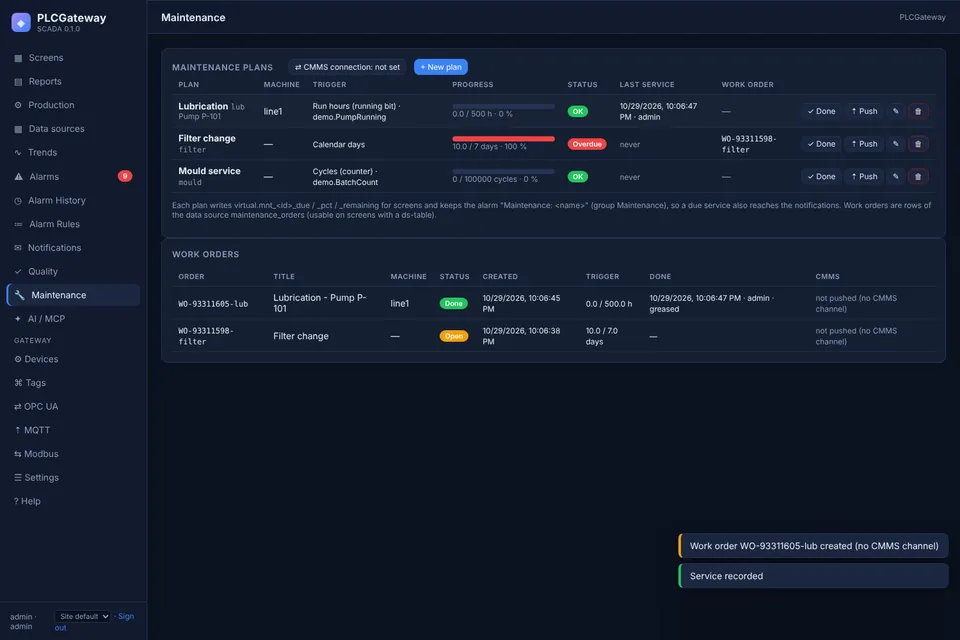 Страница Поддръжка: планове по моточасове, цикли и календарни дни, ленти на напредъка и работни поръчки