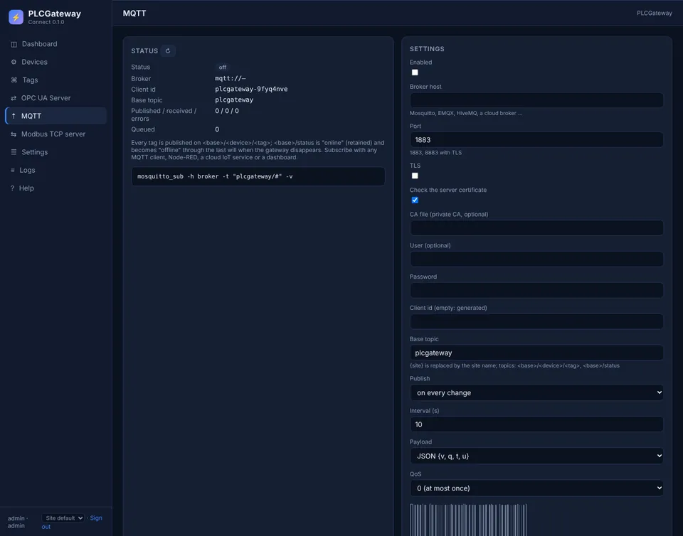 MQTT yayıncı ayarları: broker, TLS, temel topic, yayın modu ve payload biçimi