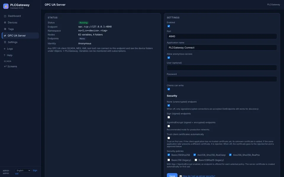 OPC UA server settings: endpoint, security policies and users
